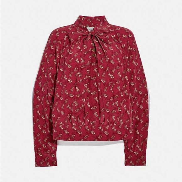 Coach Horse & Carriage Print Tie Neck Blouse Size 2 100% Silk NEW - Picture 1 of 10
